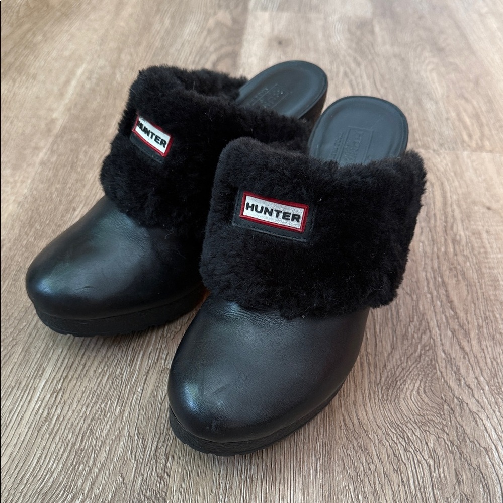 Hunter Black Fur Clog Heels